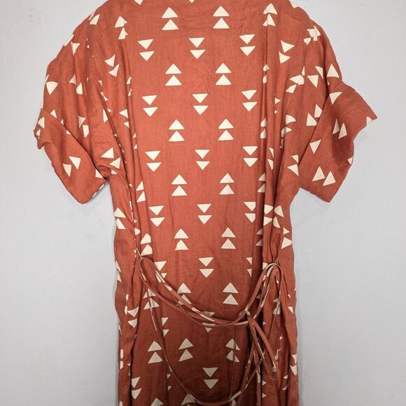 Lisa Bayne Orange V-Neck Short Sleeve Linen Dress Triangle Print Cuffed Sleeve M - Picture 7 of 10